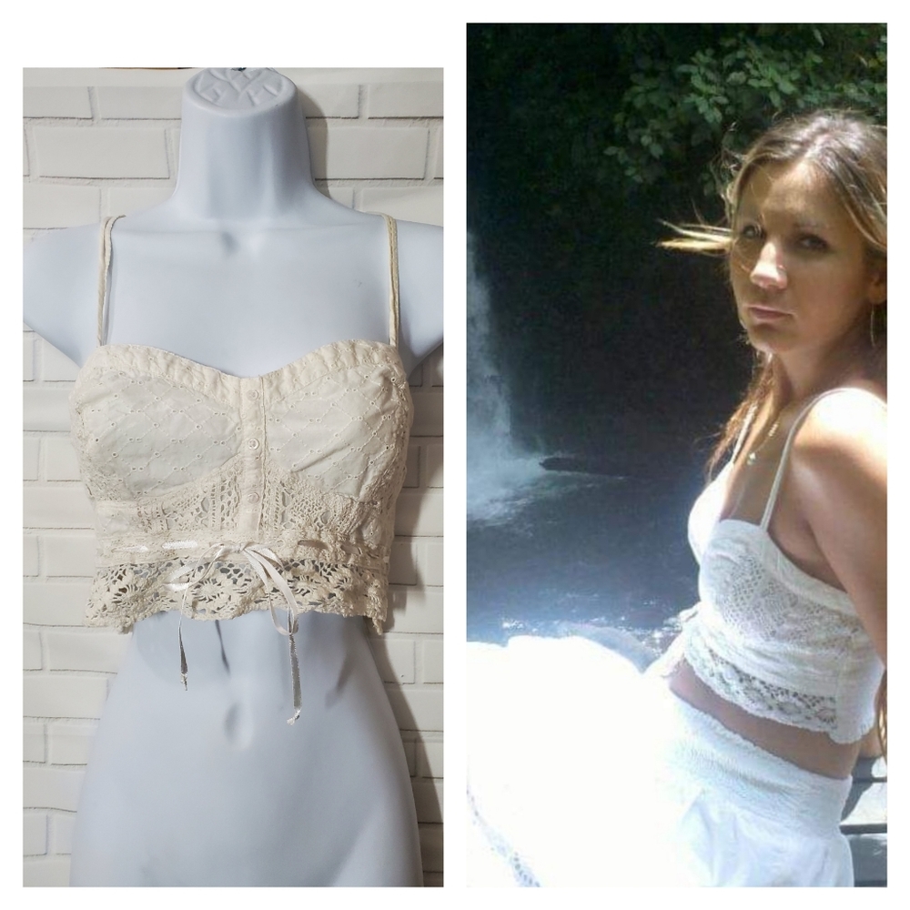 American Eagle Outfitters Off White Crochet Trim Crop Top